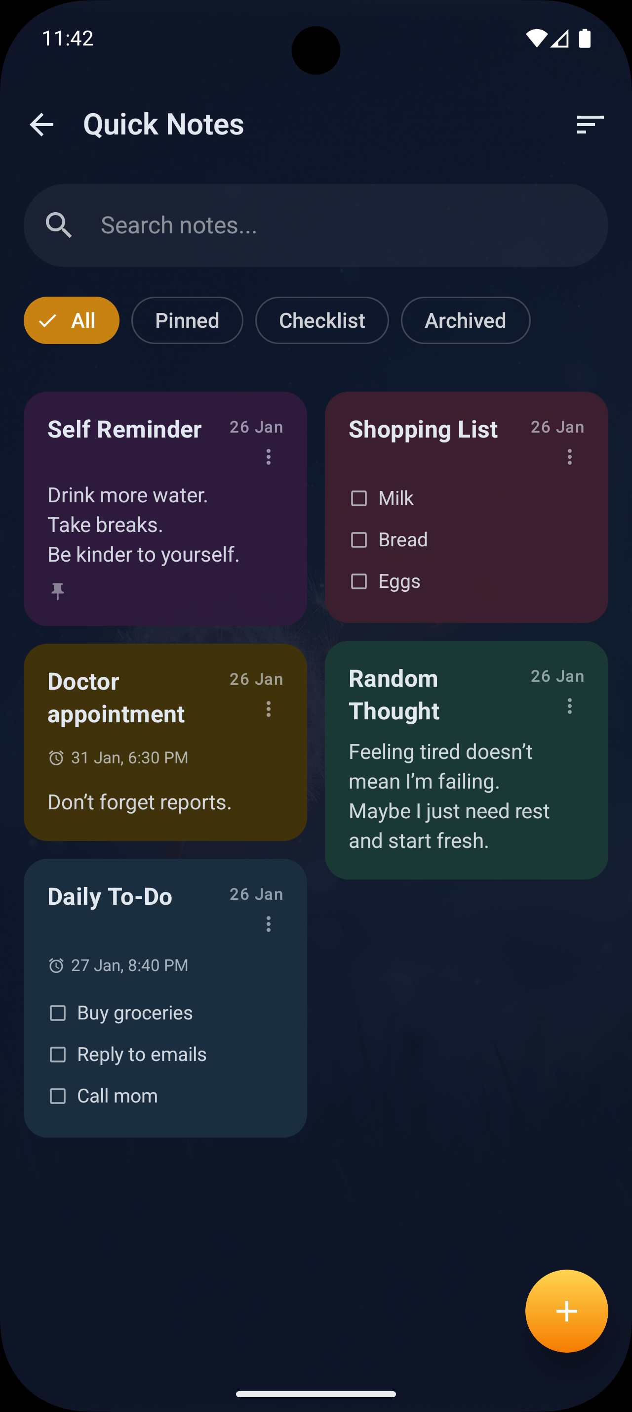 Quick notes screen